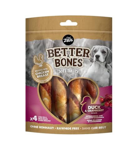 BetterBones - Spuntino morbido per cani, senza pelle grezza, rotoli avvolti con anatra con mirtillo, 12,5 cm, confezione da 4 pezzi