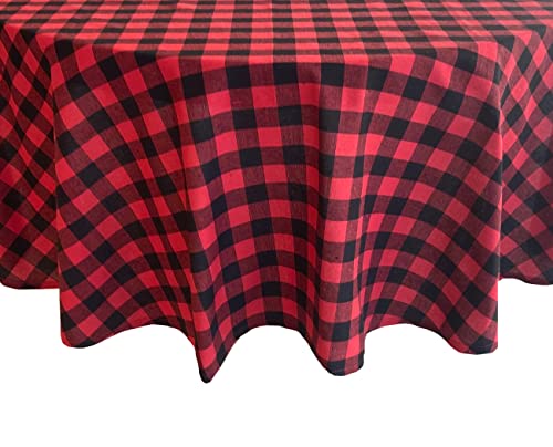 Lintex Country Rustic Red And Black Buffalo Plaid Cotton Christmas Fabric Tablecloth, Cottage Style Holiday Plaid Easy Care Tablecloth, 70” Round #TOP2