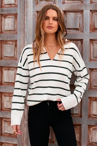 CFLONGE Women's Casual Striped Long Sleeve Polo V Neck Lightweight Pullover Sweater Loose Fit Drop Shoulder Knitted Shirt Top2