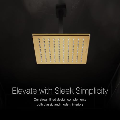 Image of Hindware Italian Collection F160149PGD Overhead Shower for Bathroom | Made of Brass | Wide Head - 200mm | Square Shape | Rain Shower | Color - Gold | Luxury Bathroom Upgrade | High Pressure Rainfall | Home Spa Experience | Anti-Clog Nozzles | Wall & Ceiling Mount Compatible