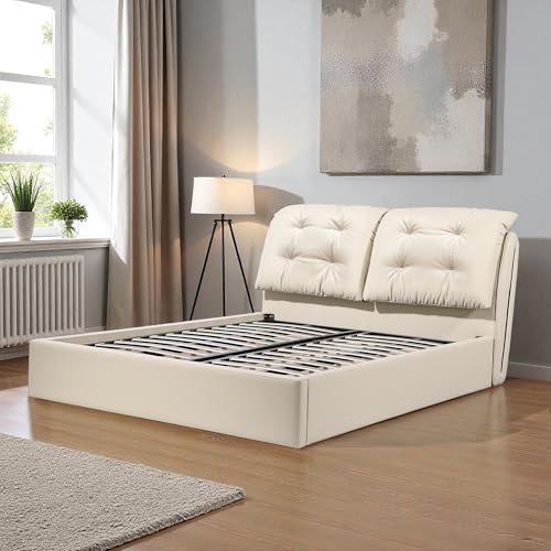 Image of The Attic Luna Queen Size Hydraulic Storage Bed with Tufted Cushion Headboard Cream Beige