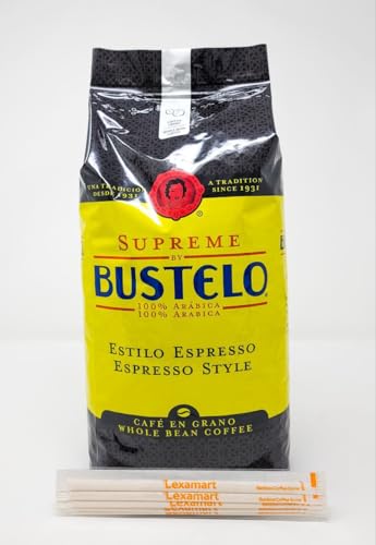 Supreme by Bustelo Whole Bean Espresso Coffee, One 32-Ounce Bags (2 Pounds) With Complimentary 5-count, Eco-Friendly and Individually Wrapped Bamboo Wood Stirrers. Bundle Created and Packed by
