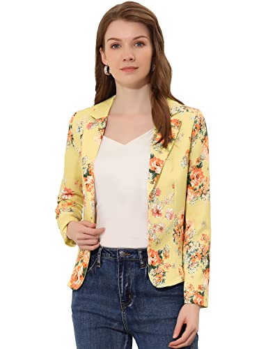 Allegra K Women's Open Front Notch Lapel Printed Casual Office Blazer Jacket, Yellow-floral, M
