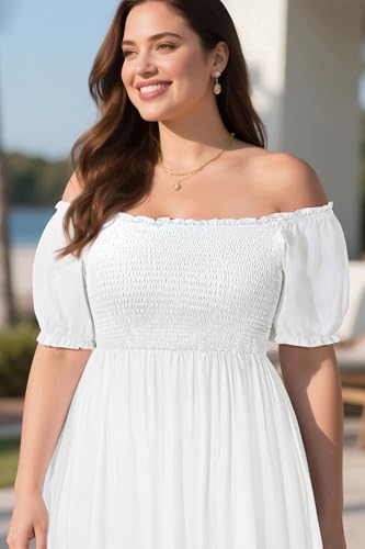 Image of Plus Size Summer Dresses Sun - Maxi Boho Casual Off Shoulder Floral Lace Long Dress with Pockets