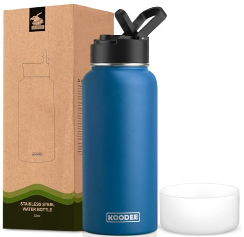 Image of koodee Insulated Water Bottle-32 oz Stainless Steel Vacuum Insulated Water Bottle with Straw Lid, Double Wall Metal Sports Water Bottle for Men (Navy)