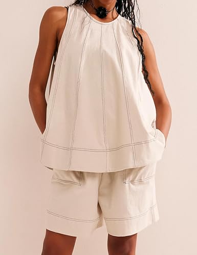 Women 2 Piece Outfits Flowy Sleeveless Tunic Tops Loose Shorts with Pockets Tracksuit Summer Lounge Matching Set 20253