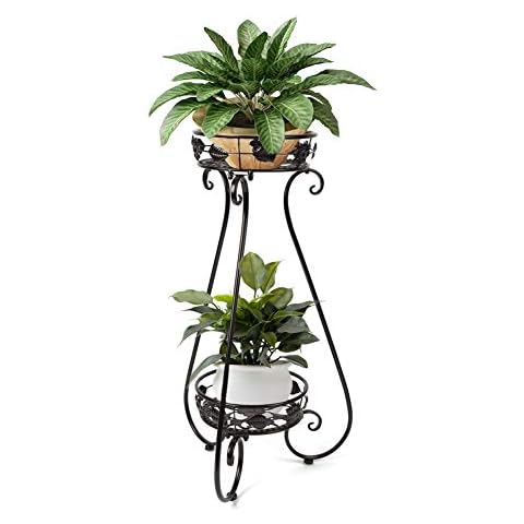 Marketero Metal Tall Plant Pot Stand Flower Stand Iron Rack Indoor/Outdoor Display 2 Tiers for Living Room/Parlor Home/Office Balcony Decorations Black Cover
