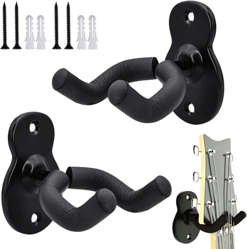 2 Set Guitar Wall Mount Hanger - Black Metal Hook Holder for Acoustic, Electric, Bass - Wall Stand Display