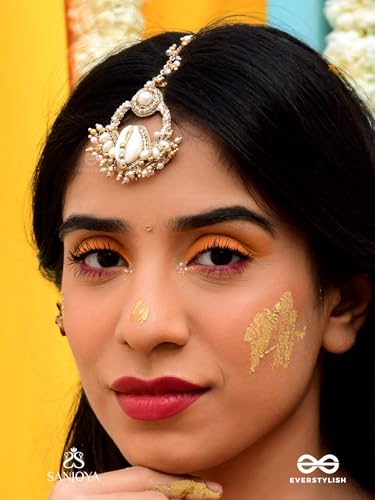 Image of Traditional Cowrie Shell & Pearl Maang Tikka for Haldi Ceremony | Gold-Tone Kundan Beaded Indian Ethnic Maatha Patti with Shell & Pearl Drops | Mehndi Sangeet Wedding Head Jewellery for Women & Girls