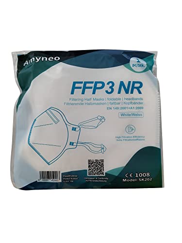 SESCO - FFP3 Maske Amyneo, 20 Stück, Einzelverpackt im Polybag, Verstellbares Kopfband, Schaumstoff an der Nase, Höchster Schutz, CE Zertifizierung nach EN149:2001+A1:2009, CE1008