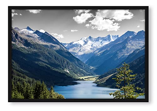 Poster lac de montagne encadré 100x70 cm pour décoration de salon