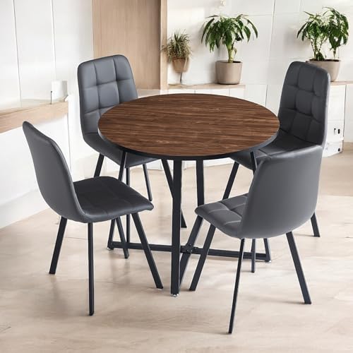 Image of Mid Century Modern 35 inch Round Wood Top Cross Legs Dining Table Set for 4, Cozy Faux Leather Chairs w /Steel Legs, Coffee Table for Kitchen, Office, Save Space (Brown Top, Grey Chairs)