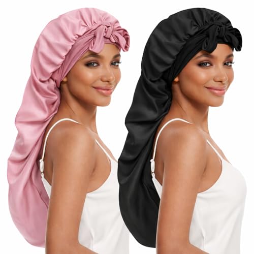 Isshin Beauty Silk Satin Bonnet Hair Cap: 2pcs 17inch Diameter Extra Large Jumbo Sleeping Satin Bonnets with Comfortable Flower Band - High Density Satin Bonnets for Women Braids Curly Night Cap（Black & Coffee）