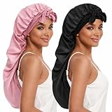 DEMAZALO Long Bonnet for Braids & Curly Hair, Silk Satin Bonnet for Sleeping, Extra Large Bonnets for Women Braid (Black Pink)