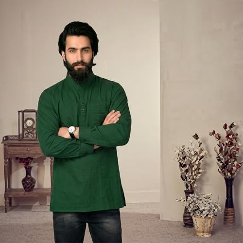 Image of Men's Cotton Regular Short Kurta | Casual & Ethnic Wear with Long Sleeve