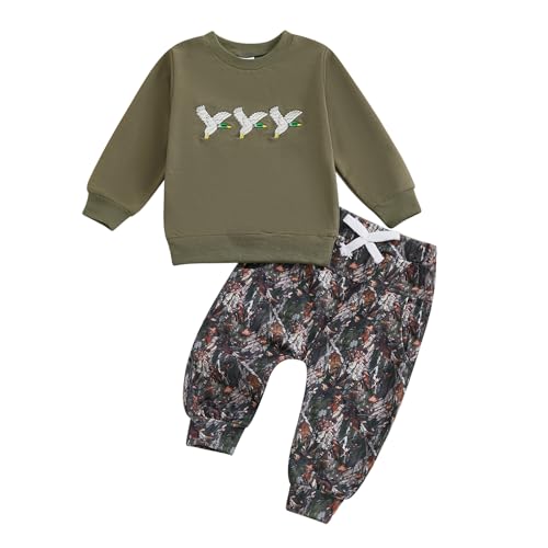 Image of Doqcey Toddler Boy Hunting Outfit Mallard Duck Long Sleeve Sweatshirt Top Casual Pants Set Baby Duck Hunter Clothes (Army Green, 6-12 Months)