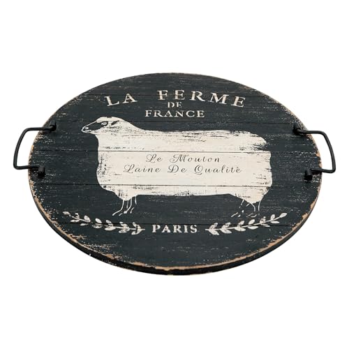 Farmhouse Wooden Serving Tray with Handles 18 French Farm Sheep Round Rustic Tray Wooden Black Serving Tray for Ottoman Home Kitchen Coffee Table Decor