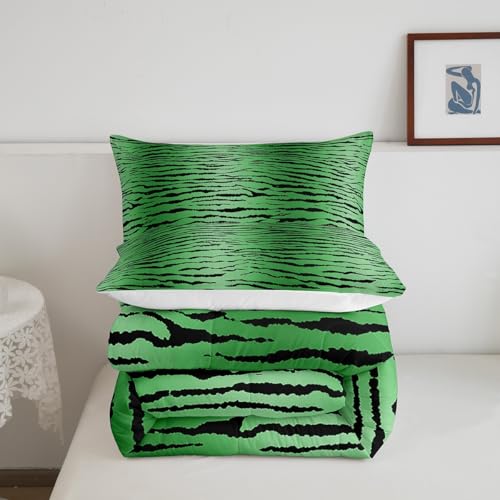Image of Feelyou Kids King Green Black Bedding Set for Boys Girls - Zebra Stripes Wildlife Comforter Duvet Set With 2 Pillow Cases