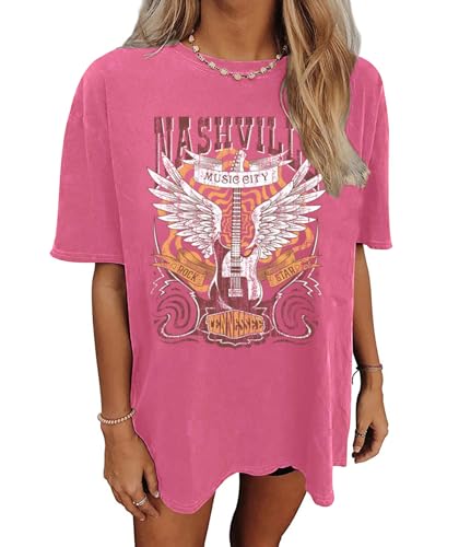 Oversized Nashville Music City T-Shirt Women Oversized Shirts Rock Band Tshirt Vintage Guitar Wings Graphic Tees (US Alpha Medium Regular Regular Pink2)