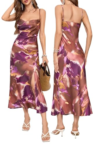 Image of Tsher Women's Sleeveless Spaghetti Strap Satin Wedding Guest Party Dress Cowl Neck Backless Midi Formal Dresses