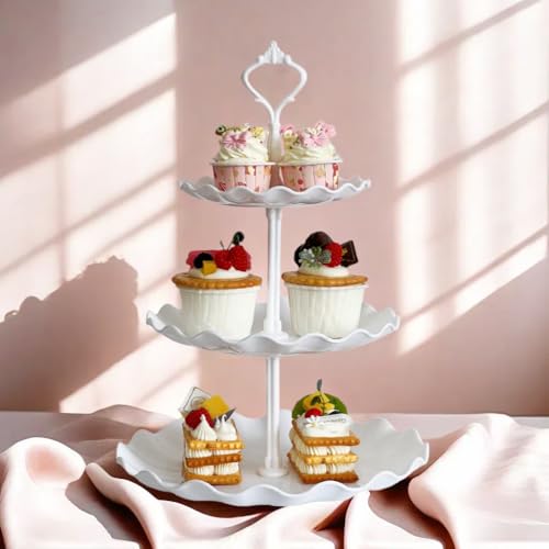 Rauvolfia 03-1003-2PWWR 2 Set Of 3-Tier Plastic Cupcake Stand Dessert Plates Mini Cakes Fruit Candy Display Tower White For Birthday Tea Party Baby Shower Serving Tray thumb #4