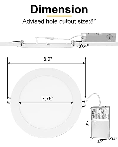 Image of ZYC 8 Inch Recessed Lighting - 18W 1802LM Black Recessed Lighting,Dimmable 5CCT 2700K /3000K /3500K /4000K /5000K Selectable,IC Rated,Ultra-Thin Dimmable Canless Wafer Downlight Pack of 6 Black.