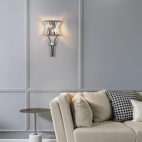 Image of Crystal Wall Sconces Set of Two, 2-Light Black Sconces Wall Decor Set of 2, Modern Bathroom Wall Light Bedside Wall Lamps Luxury Glass Sconces Wall Lighting for Living Room Bedroom Hallway
