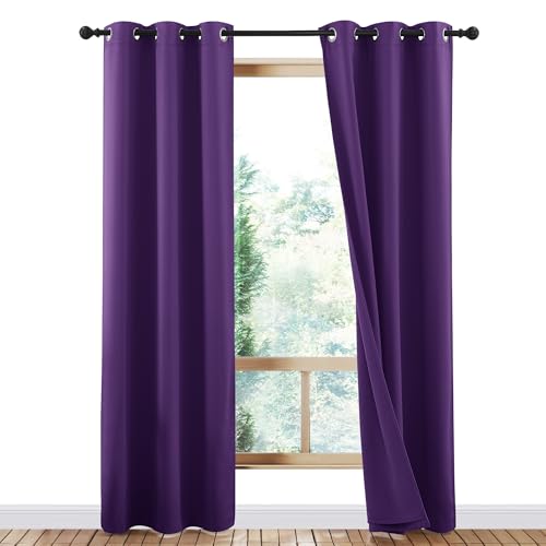 Image of NICETOWN Cold Blocking 100% Blackout Curtains with Same Color Liner Backing, Thermal Insulated Curtains for Living Room, Noise Reducing Drapes, Purple, 42 inch Wide x 84 inch Long, 2 Panels