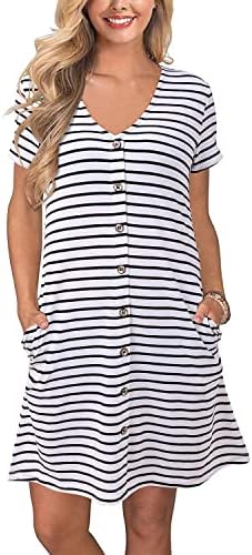 SOLERSUN Women's Casual Striped T-Shirt Dresses Short Sleeve Loose Swing Tunic Dress with Pockets (XXL, White)