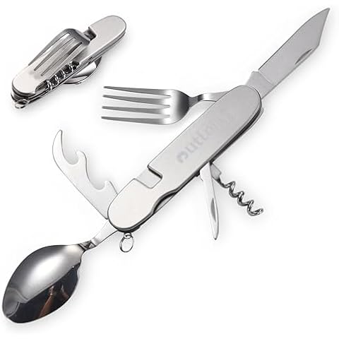 Outlery Survival Pocket Knife - Functional Backpacking Knife with Utensils and Utility Tool - Multifunction and Tactical for Camping or Hiking - Silver, Stainless Steel Multitool - H0.9xL4xW1.3 Inches Cover