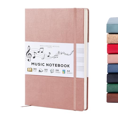 BEECHMORE BOOKS Blank Sheet Music Notebook – A4 156 Thick Pages 8.5 x 11.5 inch, 10-Staff Hardcover Vegan Leather 120gsm Composition Manuscript Paper – Boxed for Gifts Writers, Musicians
