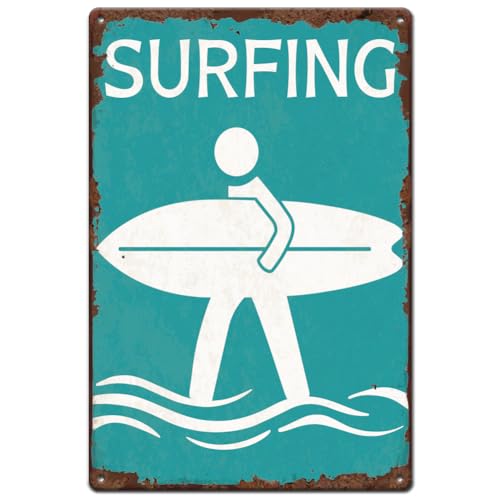 SUPERDANT Plaque Metal Vintage de Surf avec Logo de Plage Panneau en Étain Surfeur Traversant Plaque Murale Decorative Vintage Planche Surf Art Mural...