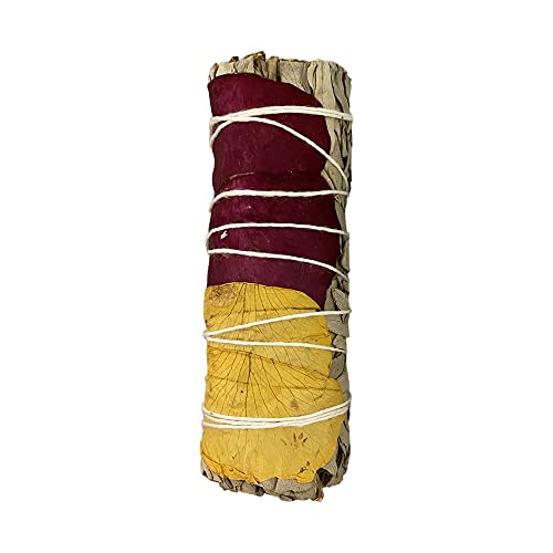 VIE Sage Smudge Stick 4" (White Sage, Red and Yellow Rose Petals 4"), Natural