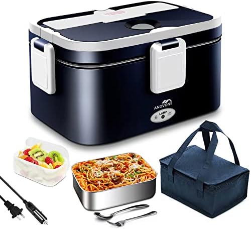 Andvon Electric Lunch Box 80W Food Heater, 1.8L Larger Capacity Heated Lunch Boxes for Adults, 3-In-1 Portable for Car & Home/Office,Heatable Lunch Box with Fork&Spoon,Carry Bag