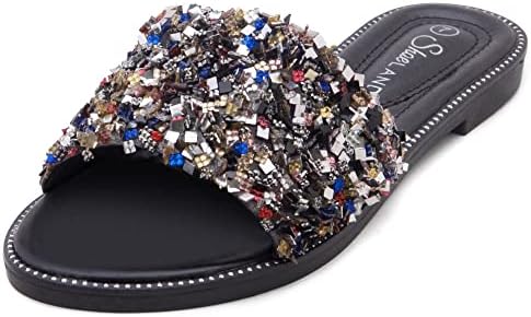 Shoe Land Joli Women's Open Toe Rhinestone Flat Sandals Glitter Slide Slip On Shoes MultiSQ 9.0