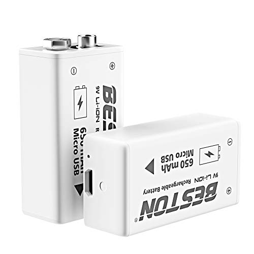 BESTON 9V Rechargeable Batteries, 650mAh Li-ion Rechargeable 9 Volt Battery with Micro USB Charging Port (2 Pack)