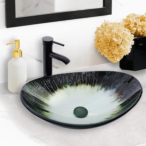 Vessel Sink 20.8"x13.7" White Oval Bathroom Sinks Tempered Glass Art
