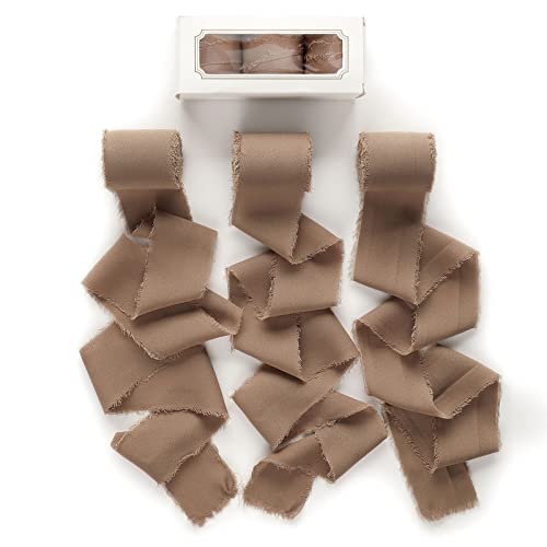 Pretty Jolly Chiffon Silk Ribbon For Gift Wrapping 3 Rolls 1.97" X 7Yd Khaki Ribbons Handmade Fringe Fabric For Bridal Bouquets,Wedding Invitations,Diy Crafts And Hair Bows #TOP6