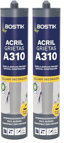 BOSTIK Masilla Acrílica, Blanco - A310 Acril Grietas, Sellador Especial Construcción, Fácil Aislado, Pintable, Adhesión Perfecta sin Impimación, Fácil de Aplicar y Limpiar, sin Disolventes, 310 ml