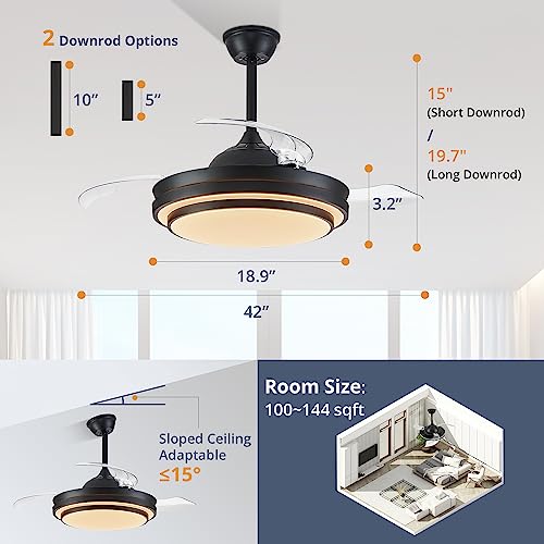 Lediary 42 Inch Retractable Ceiling Fans With Lights And Remote, Bladeless Ceiling Fans With Led Lighting, Smart Modern Ceiling Fan, Stepless Color Changeable, Dimmable, Timer Setting - Black #TOP5
