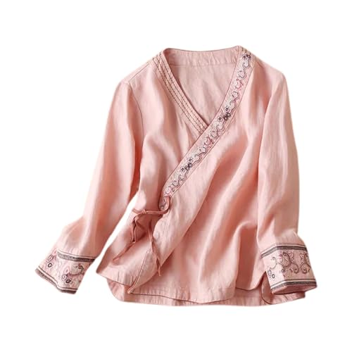 Blusa de Mujer Elegante Camisa Informal Transpirable Solapa Inclinada con Bordados Vintage Estilo Chino Cómodo y Ligero Shirt Camisas Algodón Top Lino Suelto Casual Ropa de Pijama (5)
