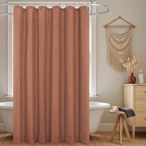 KOUFALL Boho Shower Curtain Terracotta Rust Colored Linen Fabric Cloth Waterproof Western Bohemian Fall Shower Curtain Set with Hooks for Bathroom Decor