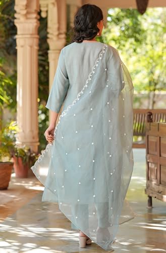 Janasya Indian Women's Silk Blend Blue Embroidered Festive Wear Kurta Set for Women4