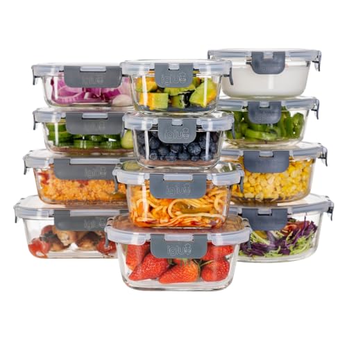 Igluu Meal Prep – Szklane pojemniki na żywność z pokrywkami (12 szt. – 4 prostokątne, 4 kwadratowe, 4 okrągłe) – Hermetyczne, Bez BPA – Do piekarnika, mikrofalówki, zamrażarki i zmywarki