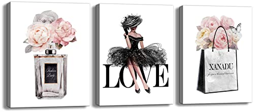 Fashion Women Canvas Wall Art For Bedroom Wall Decor Pink Flower Watercolor Art Perfume Handbag Love Life Prints Pictures For Pink Bathroom Women Girl Room Décor Ready To Hang (12"X16"X3Pcs)… #TOP11