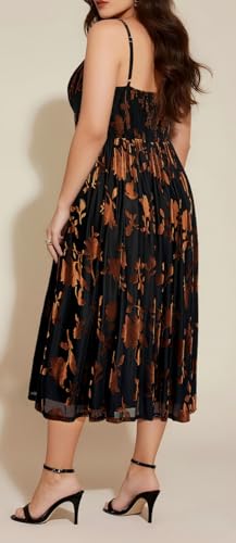 Plus Size Wedding Guest Cocktail Party Women's Summer Dress Brown Floral Velvet Sleeveless Spaghetti Strap Midi Dress4