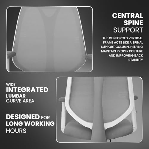 Image of Kepler Brooks Pulse Office Chair for Work | 3-Year Warranty | Ergonomic Office Chair, Study Chair for Home, 1D Arms, Single Lock Recliner, Heavy Duty Nylon Base (White Grey)