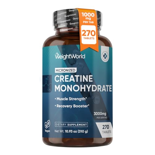 WeightWorld Micronized Creatine Monohydrate 3000mg Tablets - Muscle Growth Strength Energy & Recovery | Pre Workout Creatine for Women & Men | 1000mg per Tab | Vegan 270 Tablets (3 a Day) Non-GMO