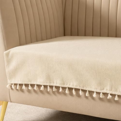 Image of HOMEMONDE 2 Seater Sofa Cover with Tassels |Soft, Durable & Textured Chenille Fabric with Tassels | Sofa Cover Mats for Living Room, Bedroom, Drawing Room & Office (76 X 122 CM, Beige)