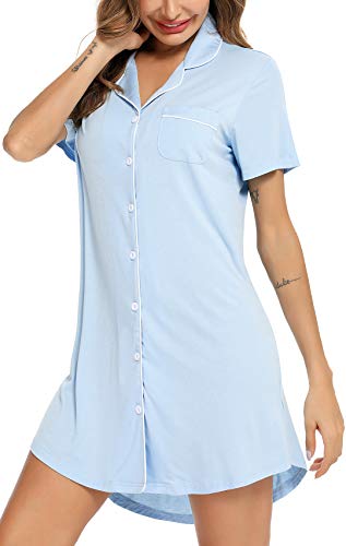 Image of Samring Pajama Nightgown for Women Short Sleeve Button Down Boyfriend Night Gown Nightdress Sleep Shirts